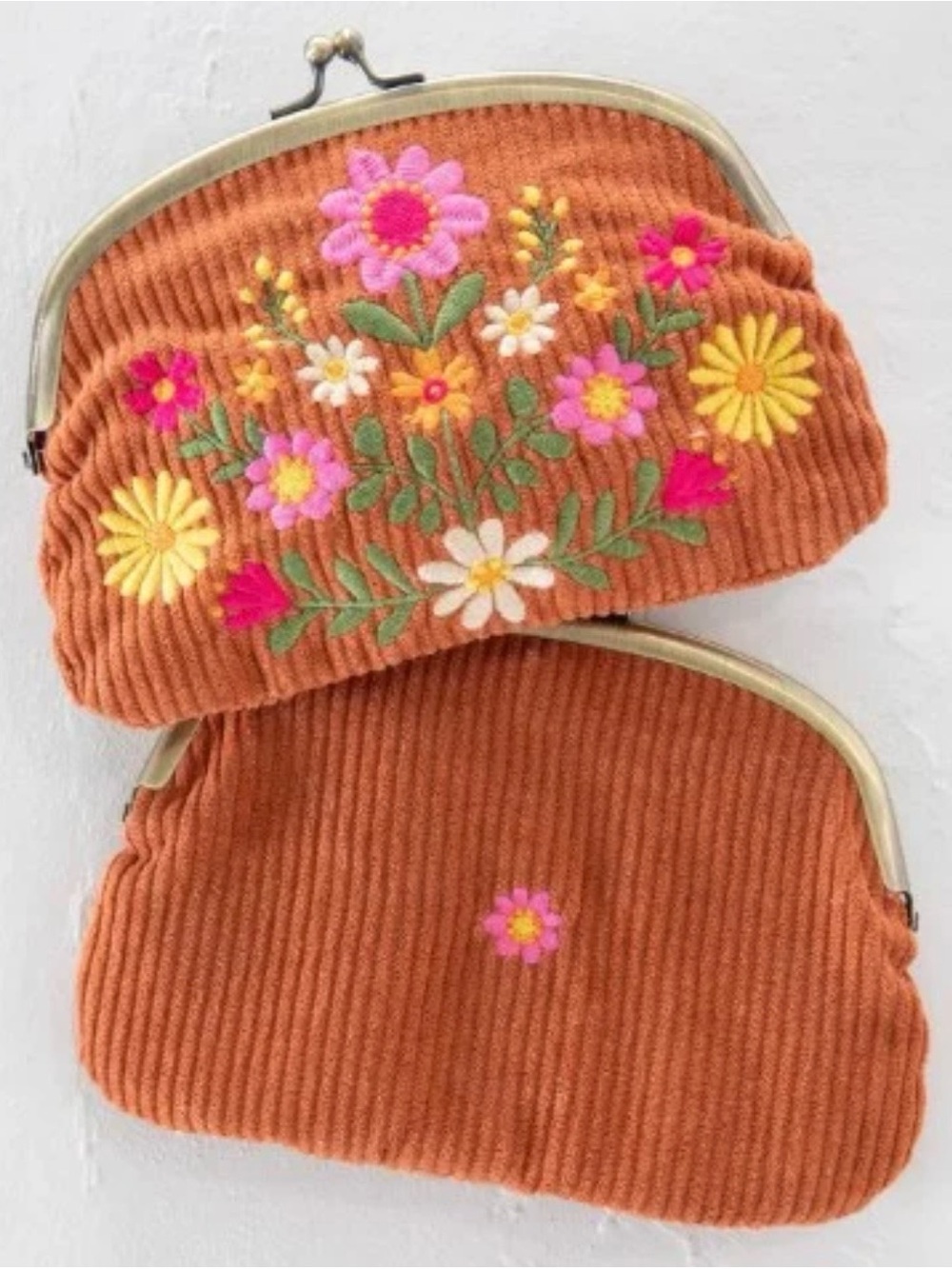 NATURAL LIFE Orange | Rust  Embroidered Floral Corduroy Coin Pouch Set